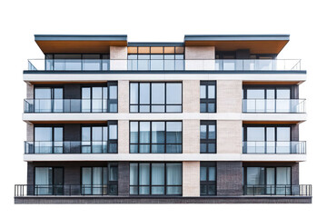 Modern Multi Story Building With Glass Windows And Beige Stone Facade On Transparent Background