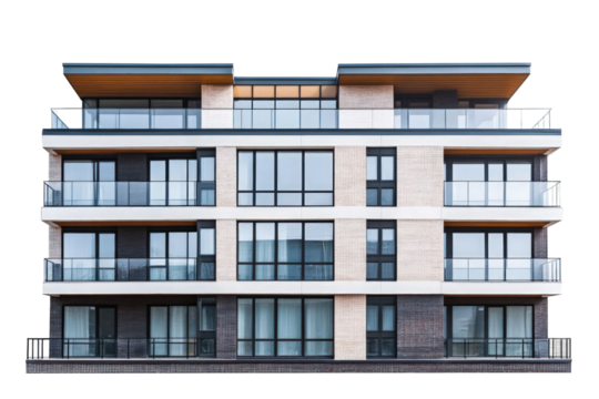 Modern Multi Story Building With Glass Windows And Beige Stone Facade On Transparent Background