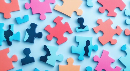 Obraz premium Colorful Jigsaw Puzzle Pieces on Blue Background
