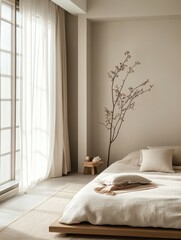 A minimalist bedroom featuring a bed and other various objects