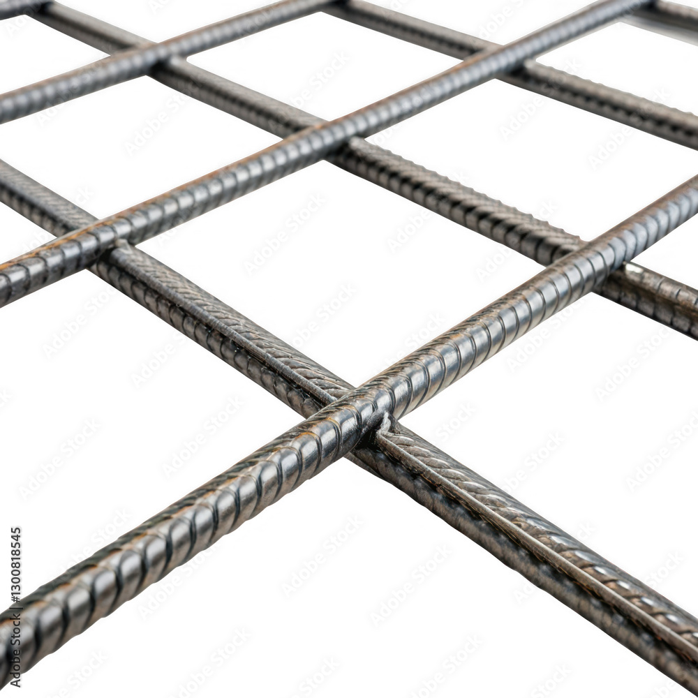 Poster A close-up view of a grid of steel rebar, showcasing its textured surface and intersecting bars.