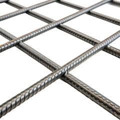 Obraz premium A close-up view of a grid of steel rebar, showcasing its textured surface and intersecting bars.