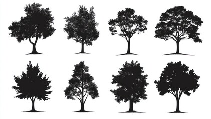Obraz premium Eight black silhouettes of various trees isolated on white.