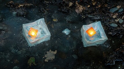 Water lanterns illuminate stream casting warm glow on dark water and surrounding foliage