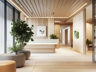 Obraz premium The modern office reception area shows natural lighting and plants