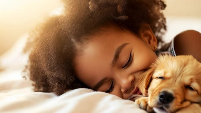 A little girl tenderly hugs her puppy and lies on the bed in a bright bedroom in the morning. Friendship concept between child and pet, copy space for text

