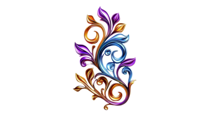 Ornate Metallic Floral Design Colorful Swirls Leaves Black Background,
