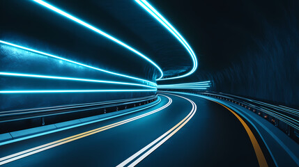 Curved Road with Blue Light Trails in Tunnel