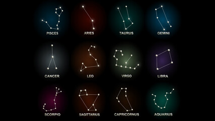 Zodiac constellation set on a mystical glowing background. Astrology-inspired digital illustration featuring all twelve horoscope star patterns, perfect for celestial, spiritual, and cosmic designs.