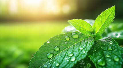 Fresh mint tea leaves laid on a dewdrop-covered leaf, symbolizing freshness and organic purity. The background features a blurred garden with soft morning sunlight.