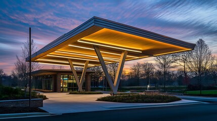 Fototapeta premium Modern Building Entrance with Striking Architecture and Colorful Sunset Sky