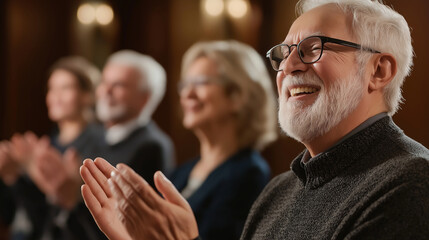 A group of elderly individuals in a community center claps warmly, touched by a heartfelt musical performance. Nostalgia and joy radiate from their expressions.