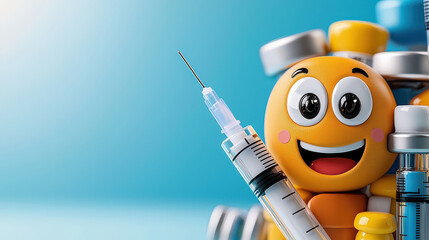 cartoon syringe with friendly face and playful expression is surrounded by colorful medical vials, set against bright blue background