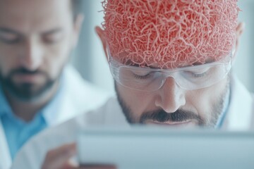 Male scientist with brain like coral headwear examining data in laboratory, showcasing creativity, innovation, and research in a modern scientific environment