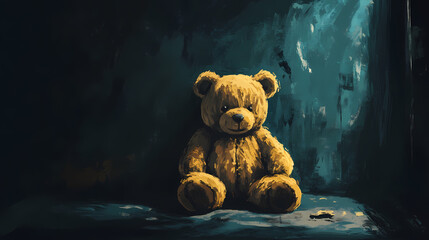 Lonely teddy bear sitting in a dark room, representing childhood trauma and mental health struggles , trauma, abuse. Isolation - Cave. Illustration