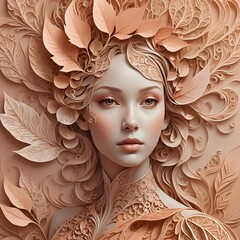 Portrait of a woman with intricate, floral-like details and a soft, pastel color palette. Ethereal and elegant, ideal for beauty, fashion, or fantasy themes. Captures a sense of grace and delicacy.