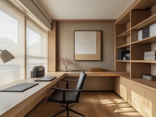 Fototapeta premium A modern home office featuring a custom built desk setup