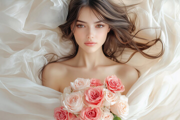 Obraz premium a woman laying in bed with a bouquet of flowers in her hand and a white sheet on her back