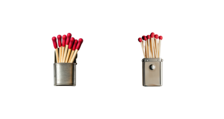 Red-Tipped Matches in Vintage Metal Containers on White Background