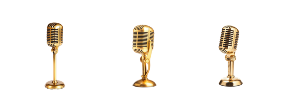 Vintage gold microphones arranged in a decorative manner
