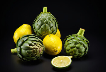 Fototapeta premium Artichoke avocado and lemon on a black background