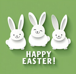 Fototapeta premium Happy Easter Paper Craft Greeting Card with White Bunnies on Green Background