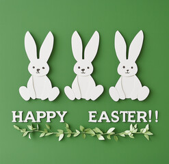 Fototapeta premium Happy Easter Paper Craft Greeting Card with White Bunnies on Green Background