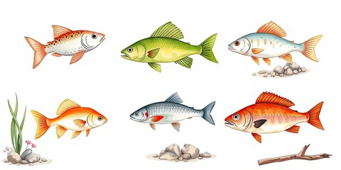 Fototapeta premium Colorful Fish Illustrations Aquarium Pond River Ocean Aquatic Life Wildlife Nature Sea Creatures