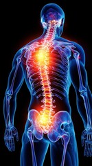 Anatomical illustration of a male human spine from the back, highlighting back pain areas in the lower back and pelvis. Concept of health and anatomy.
