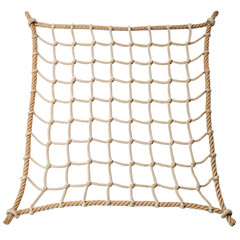 A rectangular net made of thick rope, featuring a grid pattern with knots at each intersection, designed for strength and support.