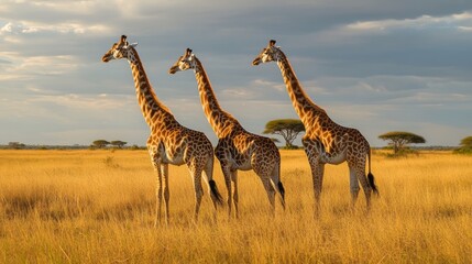 Three giraffes in african savanna landscape at sunset