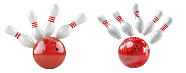 Red Bowling Ball Striking White Pins on Transparent Background for Sports and Recreation Themes