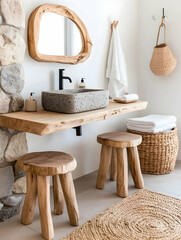 Rustic bathroom, stone wall, wood vanity (1)