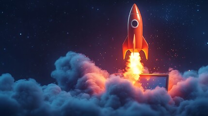 Obraz premium Rocket Launching from Laptop Screen with Explosive Flames, A rocket launching from a laptop screen, surrounded by fiery explosions and smoke