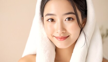 Portrait of a young woman with a towel on her head.