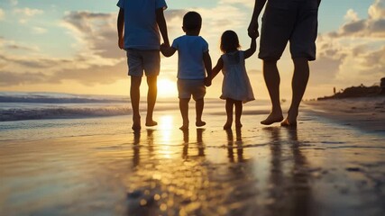 Joyful family stroll on the beach at sunset capturing blissful moments of togetherness and love