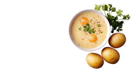 Delicious homemade potato soup served in a rustic bowl with three freshly harvested potatoes on the side
