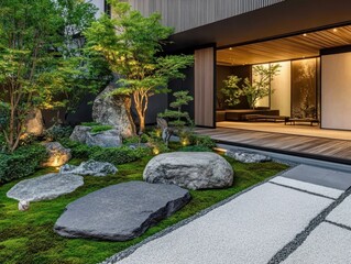 Obraz premium A Tranquil Garden Landscape with Trees and Stone