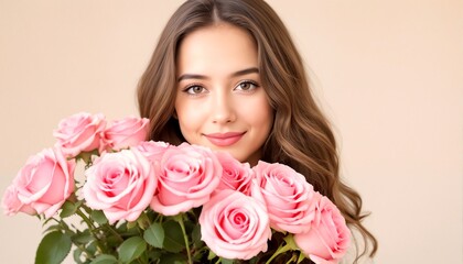 Young Woman Holding Pink Roses: A Portrait of Beauty and Serenity.