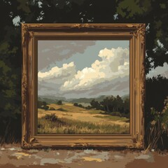 Golden Framed Landscape Painting Of Rolling Hills And Clouds