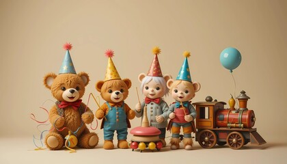 Obraz premium Four adorable teddy bears in party hats celebrate with a vintage train.