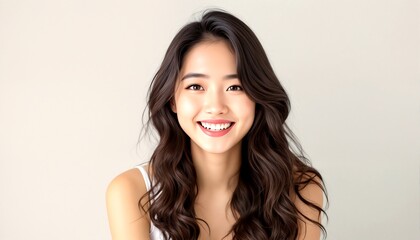 Fototapeta premium A young asian woman with long wavy hair and a white tank top smiling at the camera.