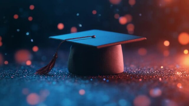 Graduation cap on dark background with glowing particles. Magical academic achievement concept. Celebrate education success for graduation day.
