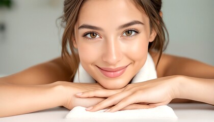 Fototapeta premium a young woman with brown hair and brown eyes lying on her stomach on a white surface with her arms resting on a folded towel.