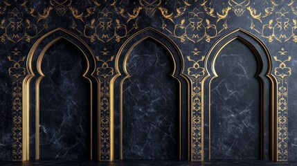 Naklejka premium Elegant Dark Marble Wall with Golden Arches and Intricate Islamic Design