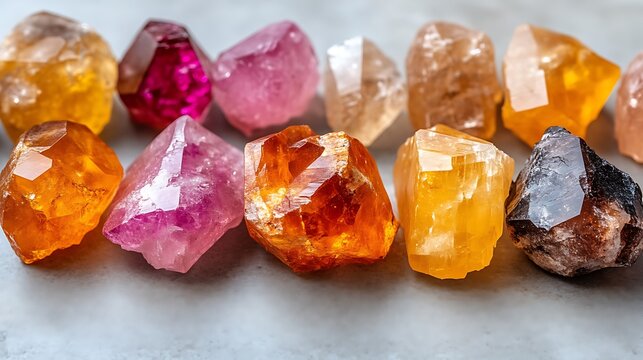 Collection of colorful gemstones arranged on a surface