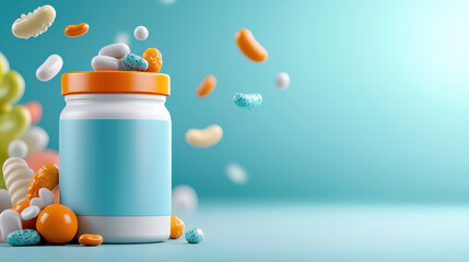 colorful probiotic bottle with floating capsules and pills symbolizes gut health. vibrant background enhances playful and dynamic concept of wellness and nutrition