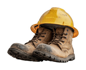 Construction safety gear with yellow hard hat and durable boots on white background for work environment awareness and training, cut out