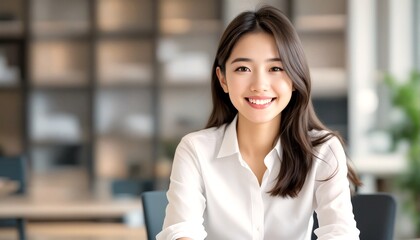 Fototapeta premium Asian Businesswoman Smiling at Camera in Office Setting.