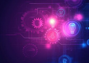 A colorful digital backdrop features vibrant gears and glowing light bulbs, symbolizing innovation, technology, and creative energy
